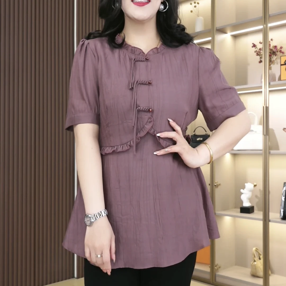 大码女装夏季显瘦收腰时尚洋气新中式盘扣百搭上衣250893