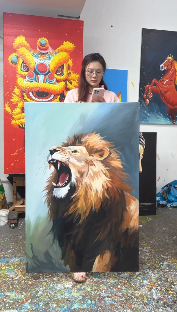 【闪购商品】丙烯画大树老师狮子丙烯加框