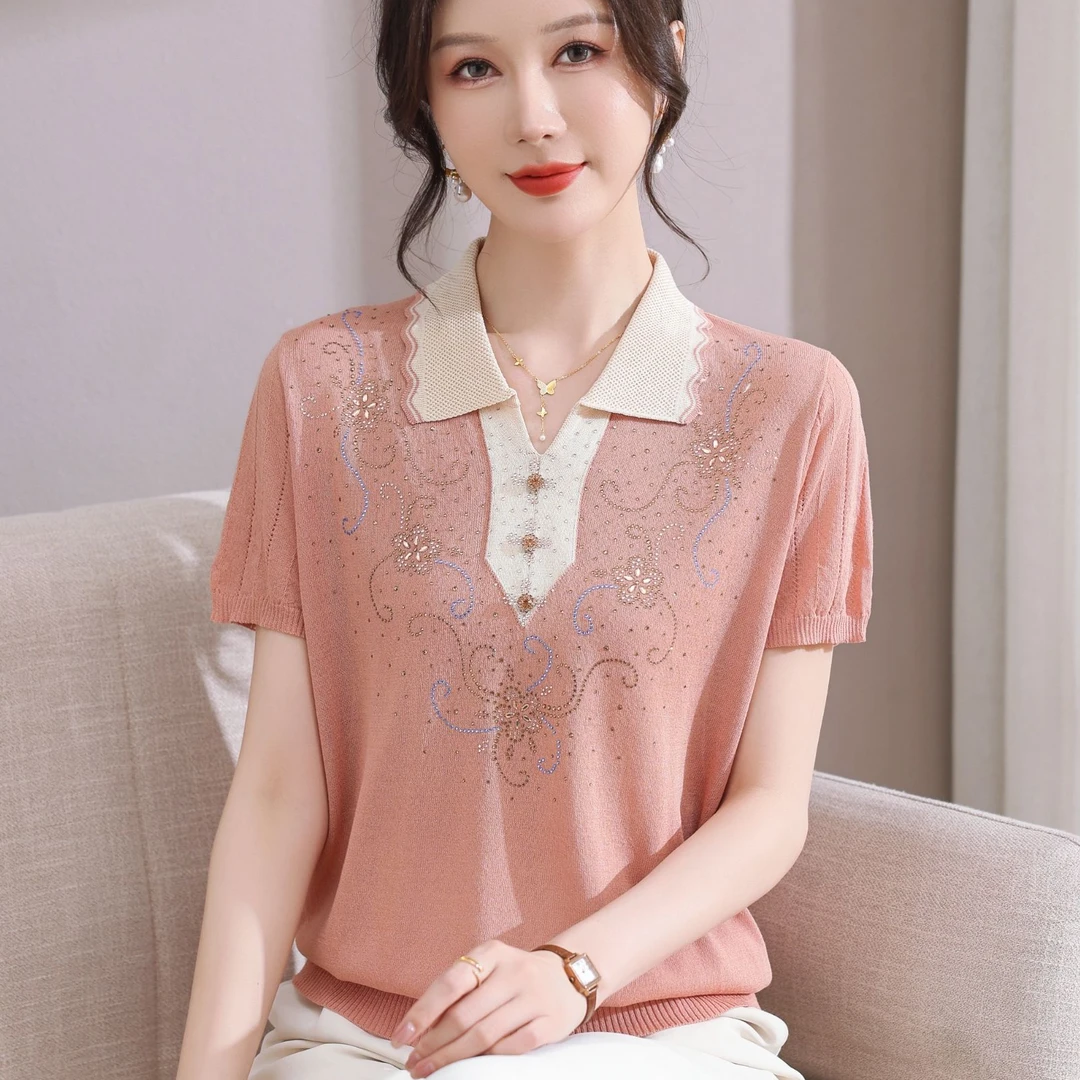 妈妈夏装翻领短袖t恤女中老年40-50岁宽松冰丝上衣中年女夏季衣服