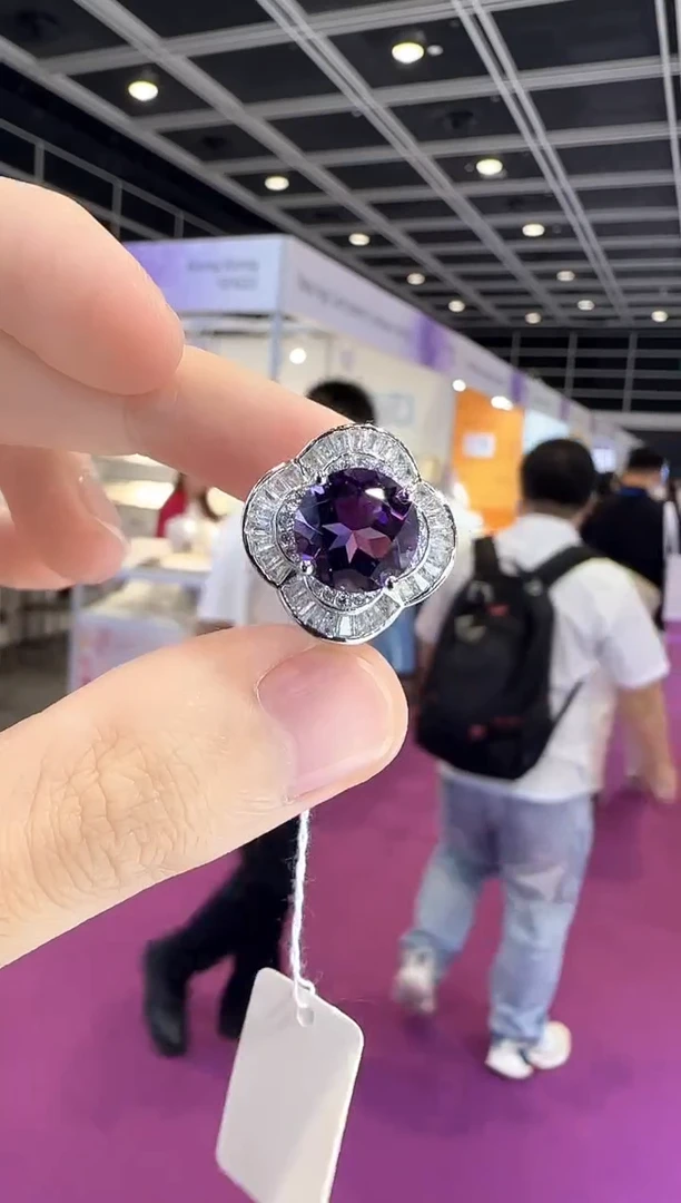 银S925镶嵌戒指紫晶四叶花10mm