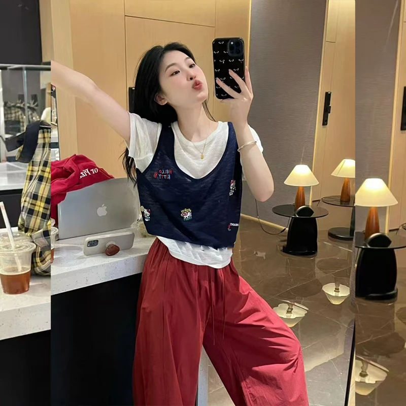 美式复古百搭针织衫上衣女2025夏季新款刺绣卡通KT猫假两件短袖女