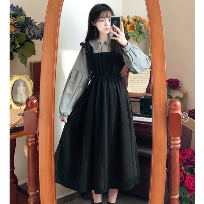 大码春秋收腰显瘦假两件娃娃领小黑裙女装胖mm藏肉减龄长袖连衣裙