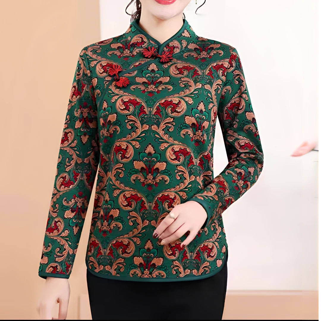 +中老年妈妈装秋冬斜门襟复古改良旗袍洋气套头长袖上衣返潮复古