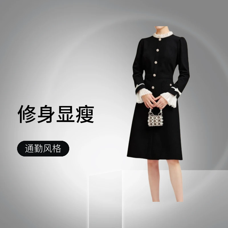 拉家同款柔软羊毛秋冬长袖连衣裙泡泡袖通勤修身显瘦