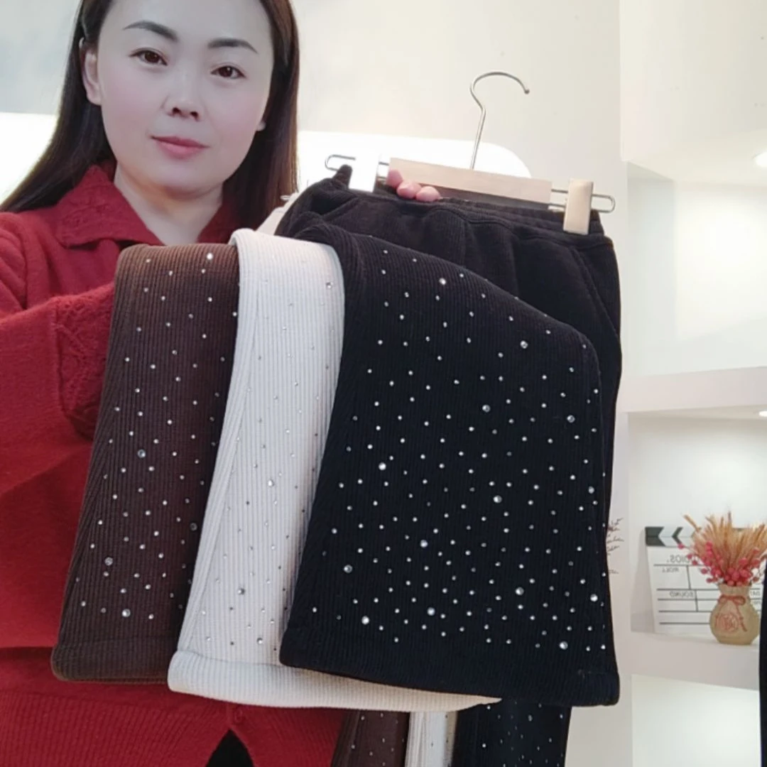 冬季加绒女童满天星烫钻休闲裤外穿女孩洋气百搭时尚喇叭裤