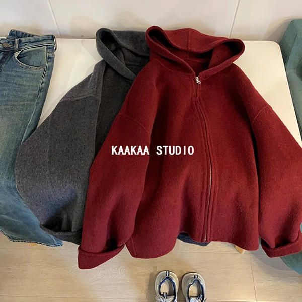 REKAYYAT“瑞雪”绵羊毛时尚洋气百搭宽松舒适连帽拉链大衣外套