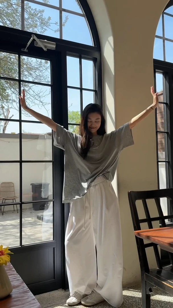 慵懒风休闲套装女夏季韩版百搭灰色宽松短袖T恤抽绳阔腿裤两件套