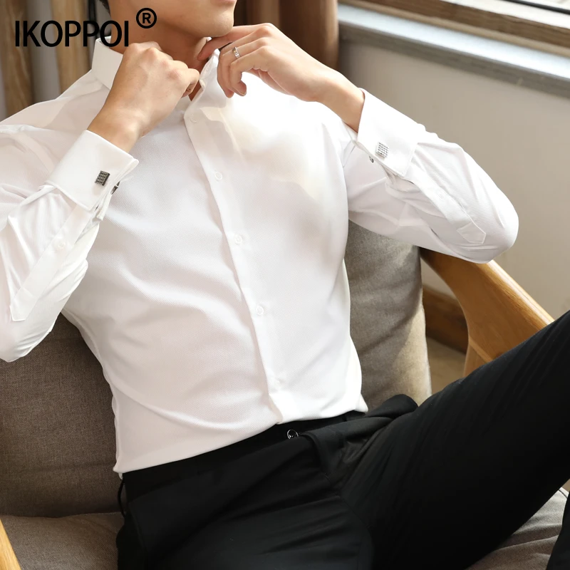 高端法式衬衫男长袖修身免烫商务通勤正装秋冬新郎结婚袖扣白衬衣