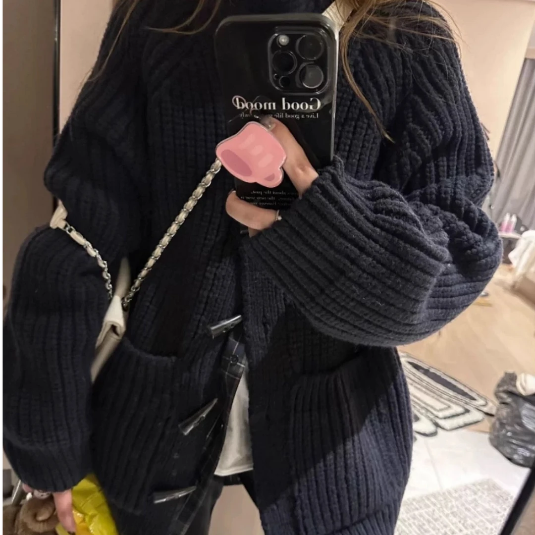 FCYSTUIDOHZJ秋冬针织复古高级慵懒风毛衣针织外套牛角扣粗针开衫