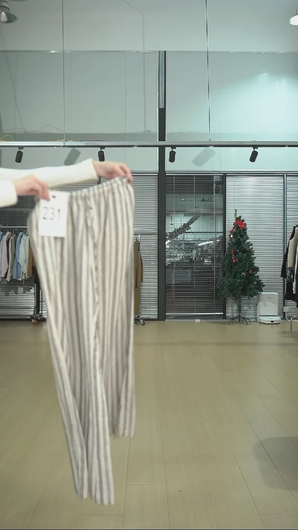 231号 棕白条纹亚麻裤 M码