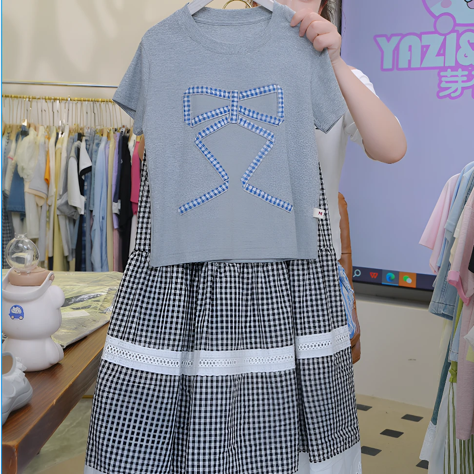 【芽梓制衣】2025新款女中大童韩版格子休闲风半身裙套装夏-TZ25081
