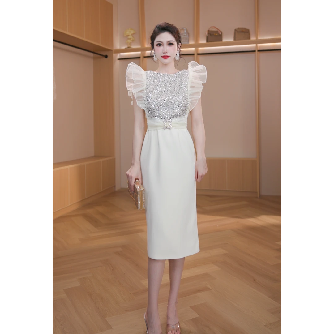 春夏新款气质复古轻奢重工收腰包臀连衣裙50919