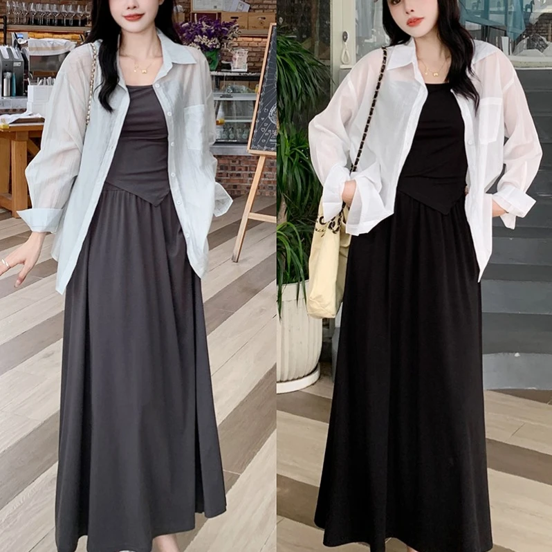 夏装新款胖mm大码女时尚防晒衬衣吊带上衣半身裙三件套20042