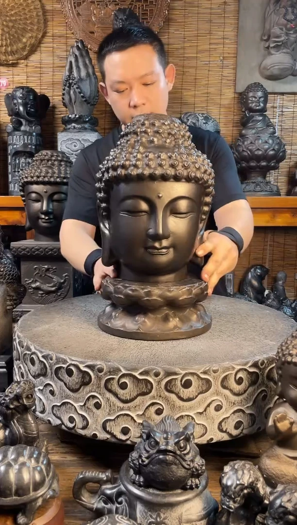 石材30佛头+双层莲花台天然青石雕刻