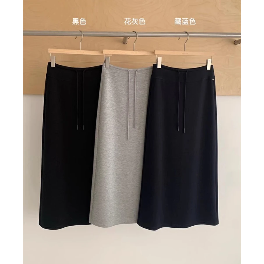 韩版百搭抽绳松紧腰休闲半身裙女夏季新款宽松显瘦开叉直筒卫裙