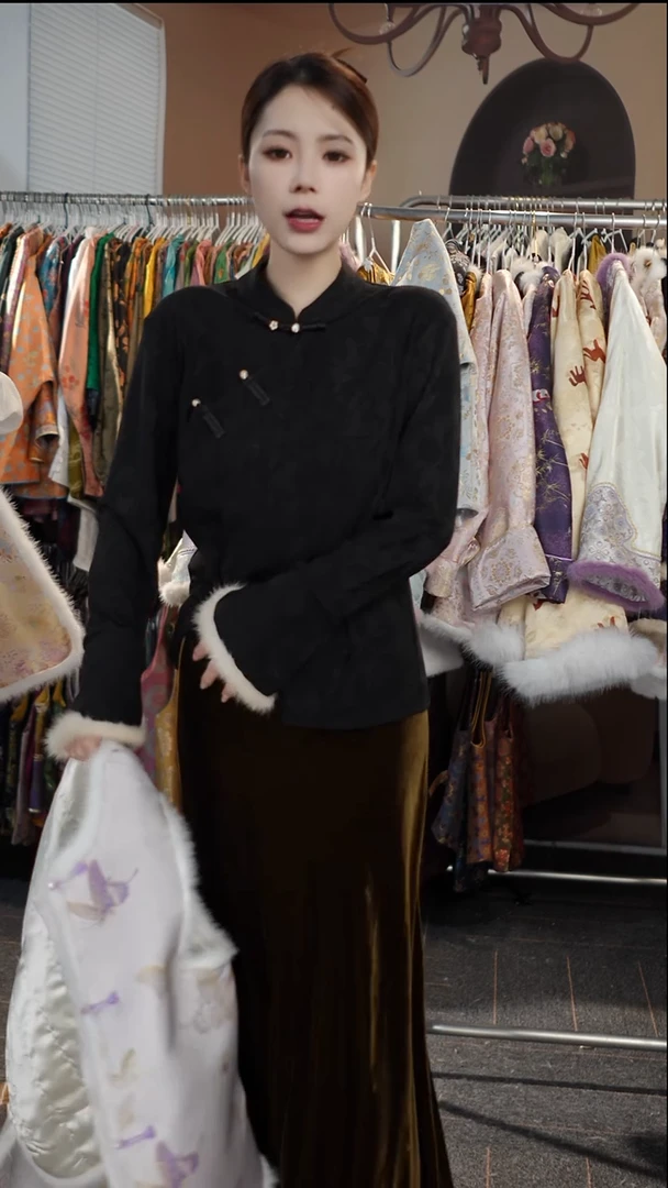 新款黑色德绒  下摆开叉