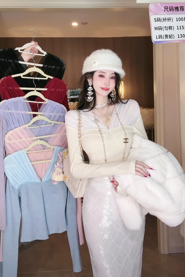 【雅乔定制】纯欲海洋 弹力网纱拼接针织打底上衣DYYK-24102069