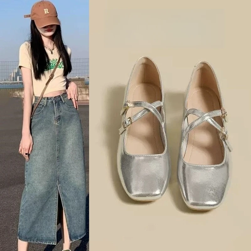 梦孜百丽爆款银色芭蕾单鞋女2025年新乐福小银鞋法式玛丽珍小皮鞋