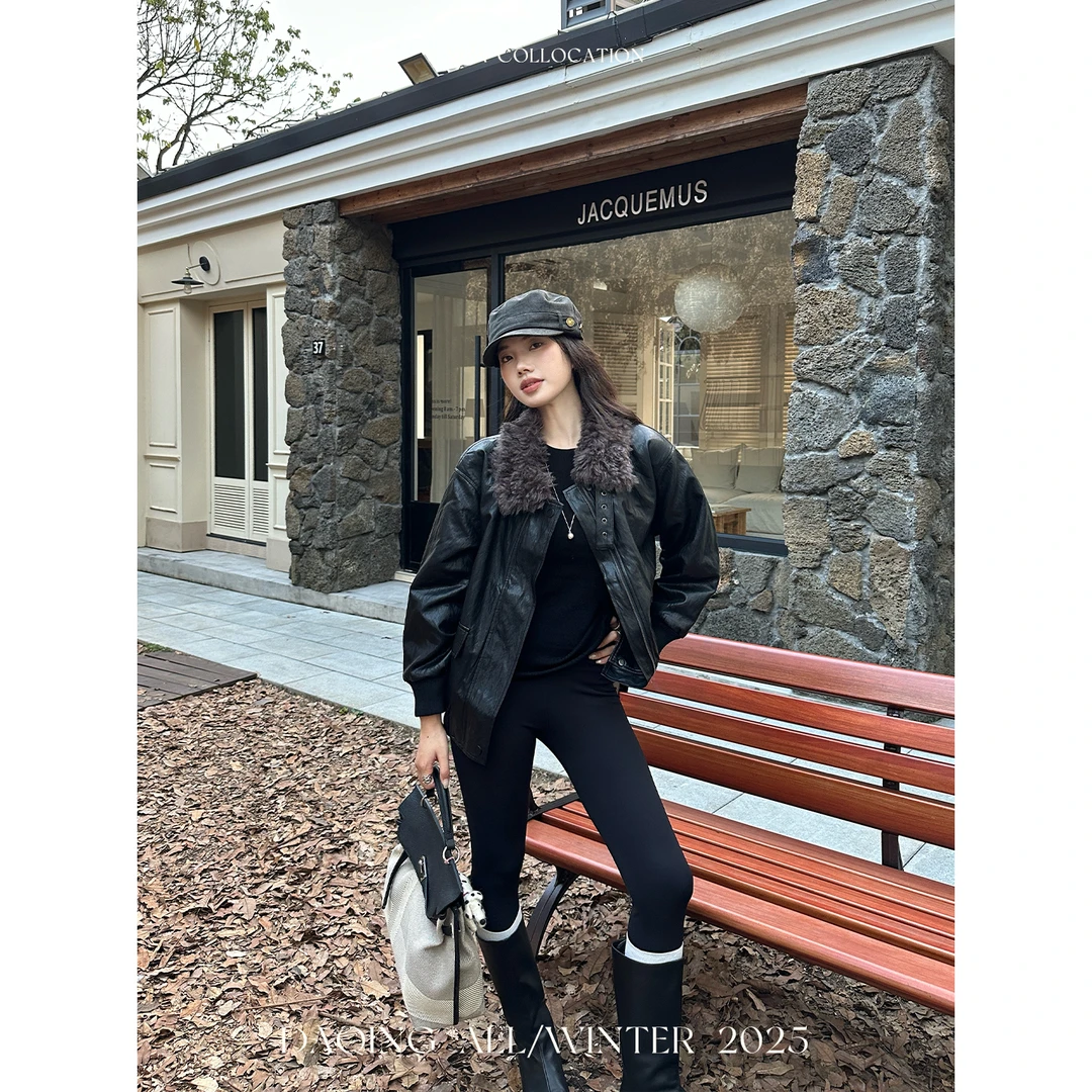 许大晴【卢克森往事】美拉德PU皮毛领加棉外套D6A71