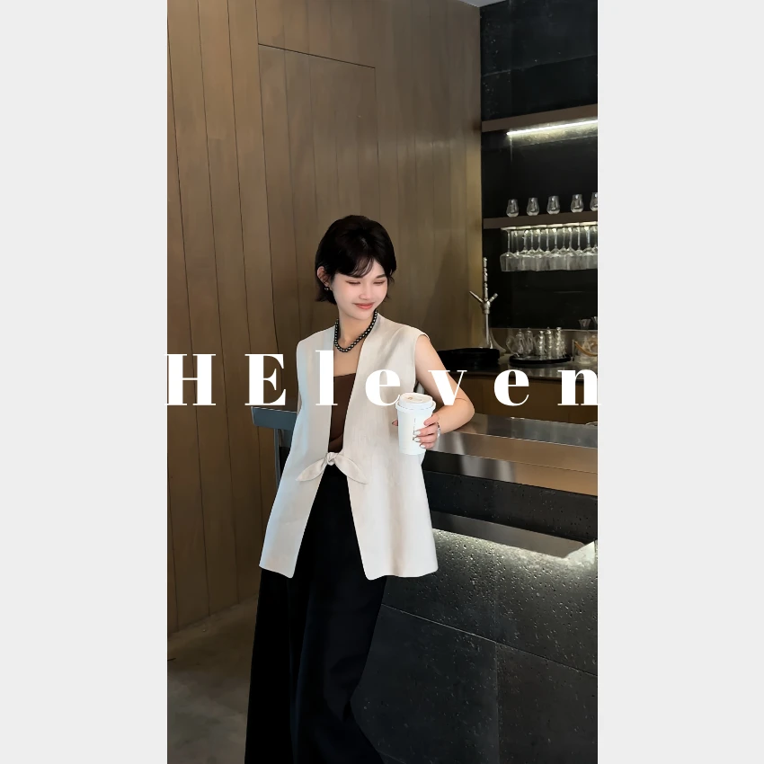 HELeven2025夏季新款V领亚麻系结无袖西装马甲女