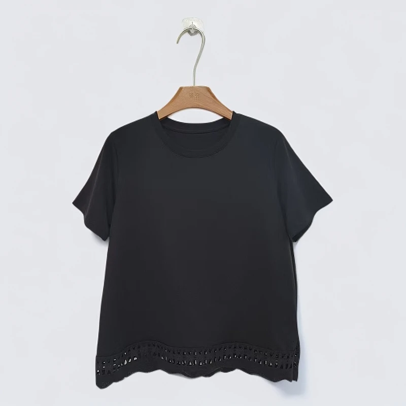 【锦衣服饰】NINI 6285下摆镂空拼接花边设计短袖T恤
