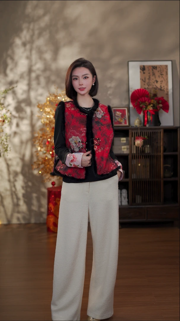 GONG QUE【红牡丹】新中式秋冬款圆领暗纹提花夹棉马甲 242576