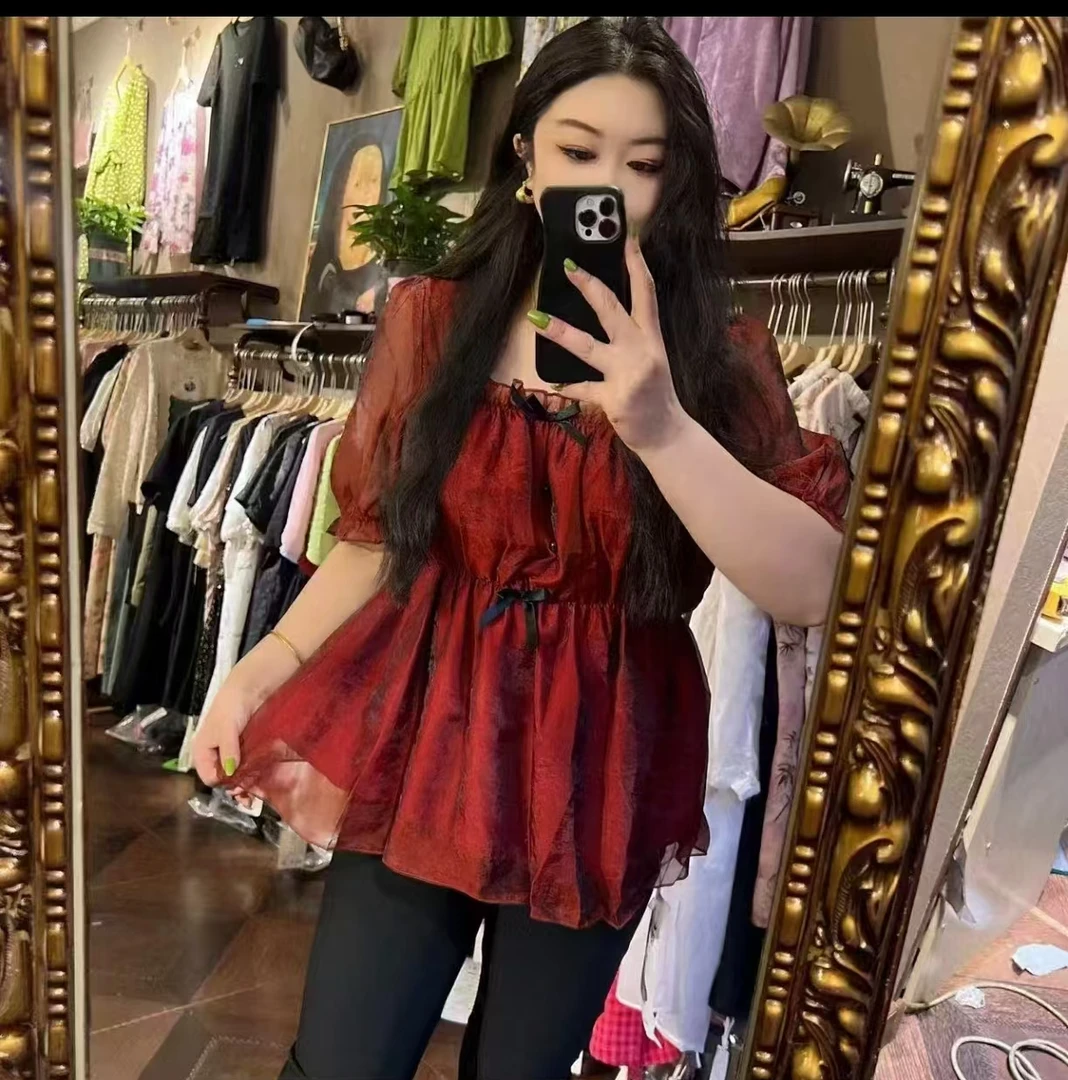 大码女装胖MM时尚收腰显瘦夏季新款2025设计感短袖减龄衬衫上衣女