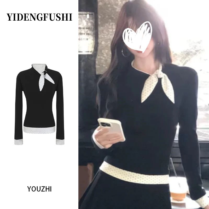 YIDENG黑色法式高级感波点假两件长袖女早秋季显瘦纯欲百搭T恤