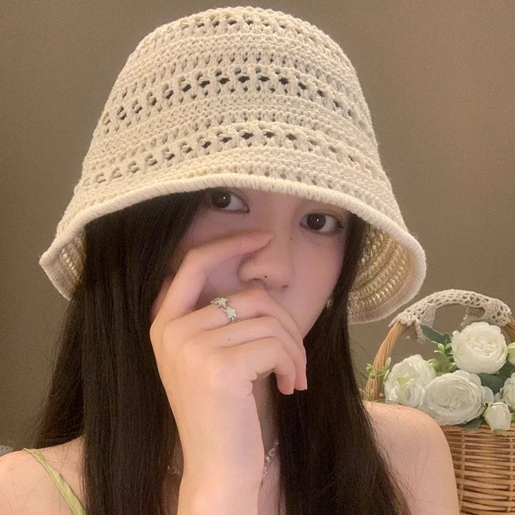 日系纯色针织镂空渔夫帽子女春夏季2025新款透气遮阳防晒帽子帽JY