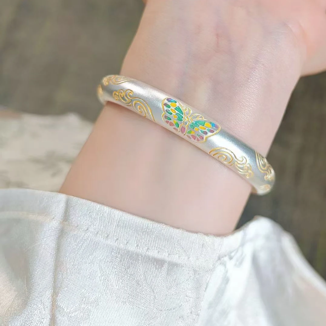 足银手镯 致爱一生足银999.9【春华蝴蝶】描金珐琅手镯56#