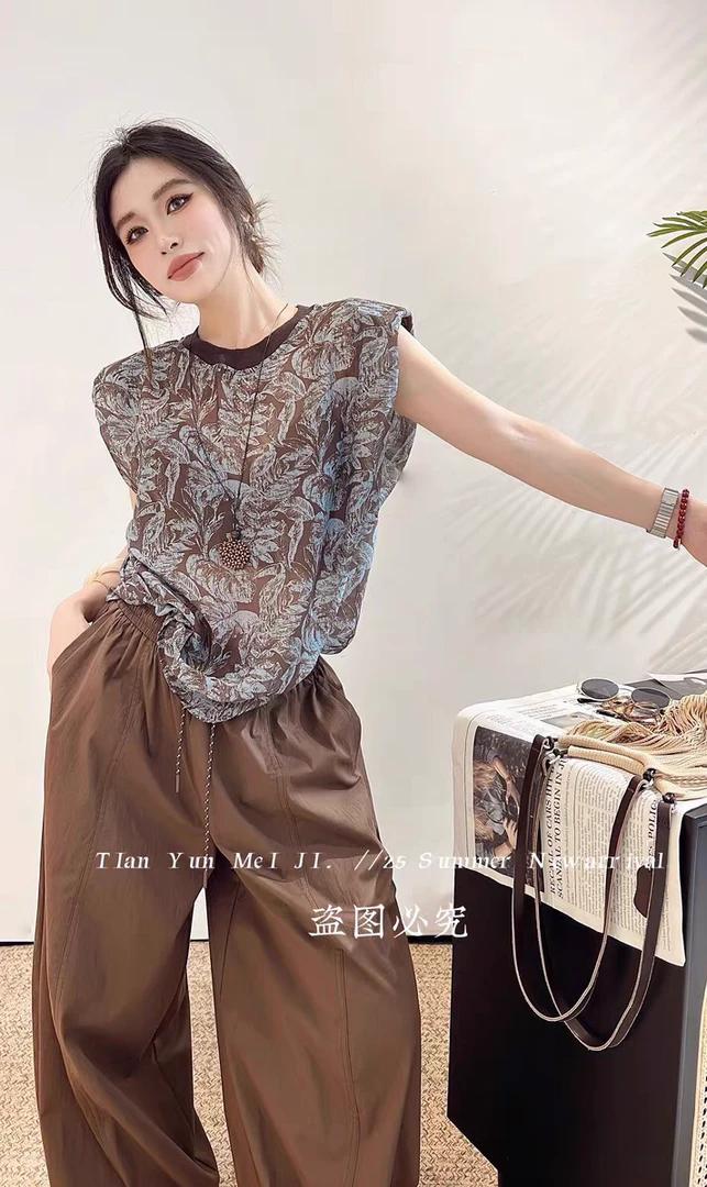 轻奢高级感圆领无袖花色上衣夏季上新欧洲站百搭清爽舒适衬衣女