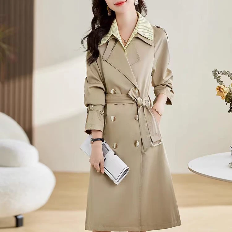 条纹POLO领假两件设计感双排扣收腰风衣春外套C375