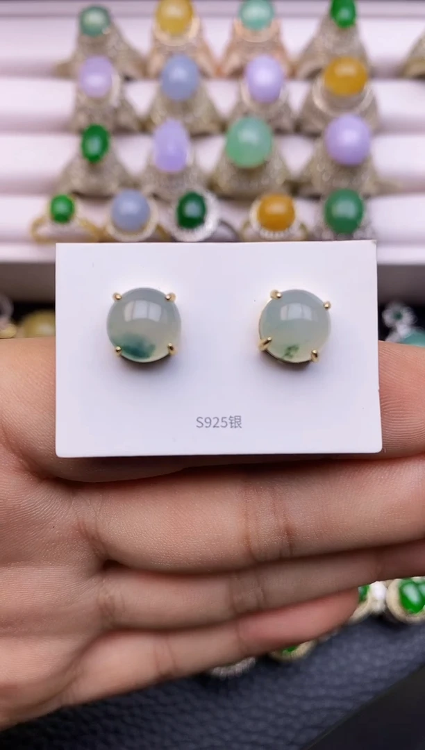 银S925镶嵌翡翠耳饰3655