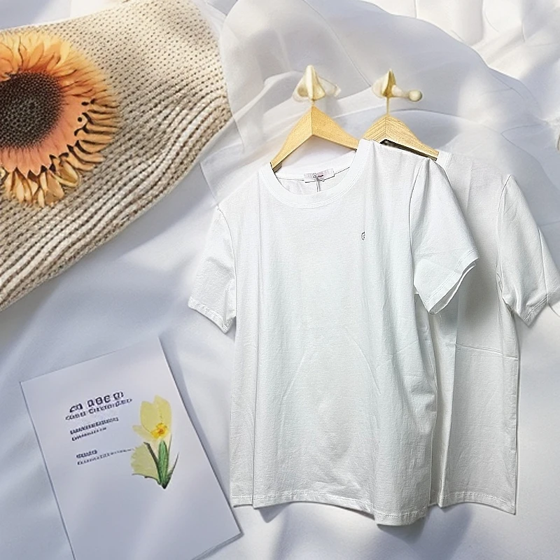 短袖T恤女夏季圆领纯色白色刺绣打底衫