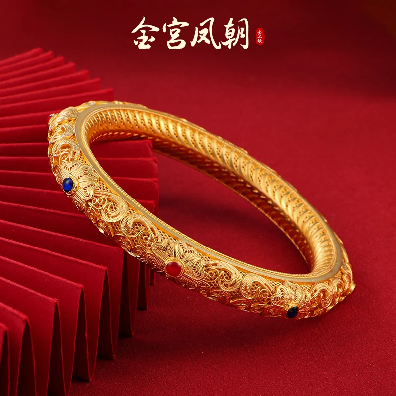 足银珐琅手镯 金宫凤朝金繁花似锦气质足银999皇后花丝镯银手镯