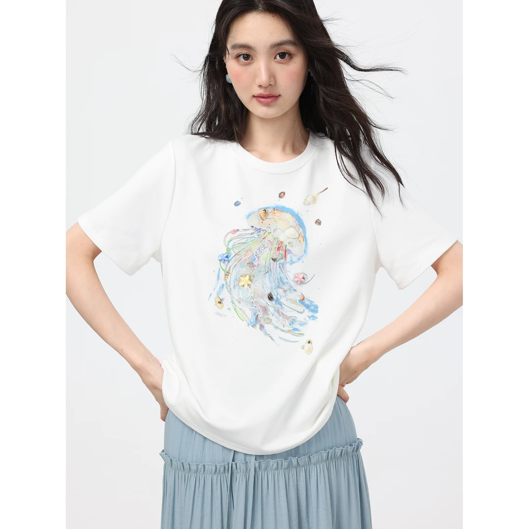 爱蔷薇大码水母印花白色t恤女2025新款夏季短袖宽松上衣女GT76773