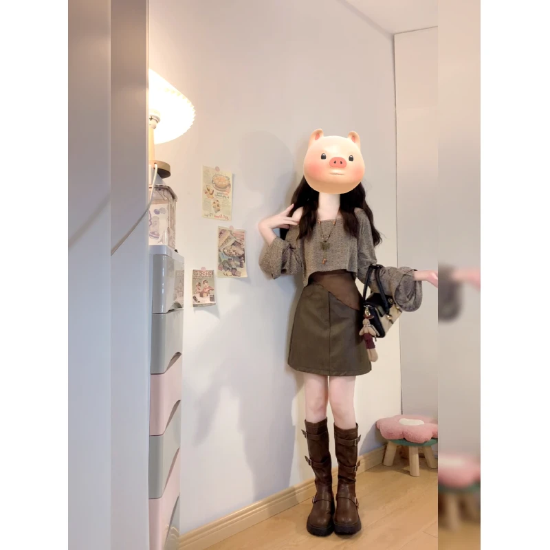 大码胖mm复古不规则吊带长袖罩衫女早秋时尚显瘦长短半身裙三件套