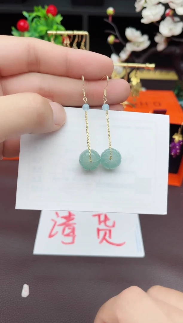 石英质玉（天山翠）银S925镶嵌耳饰F08