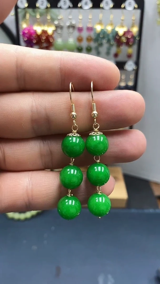 翡翠银S925镀金镶嵌耳饰尺寸10mm连珠