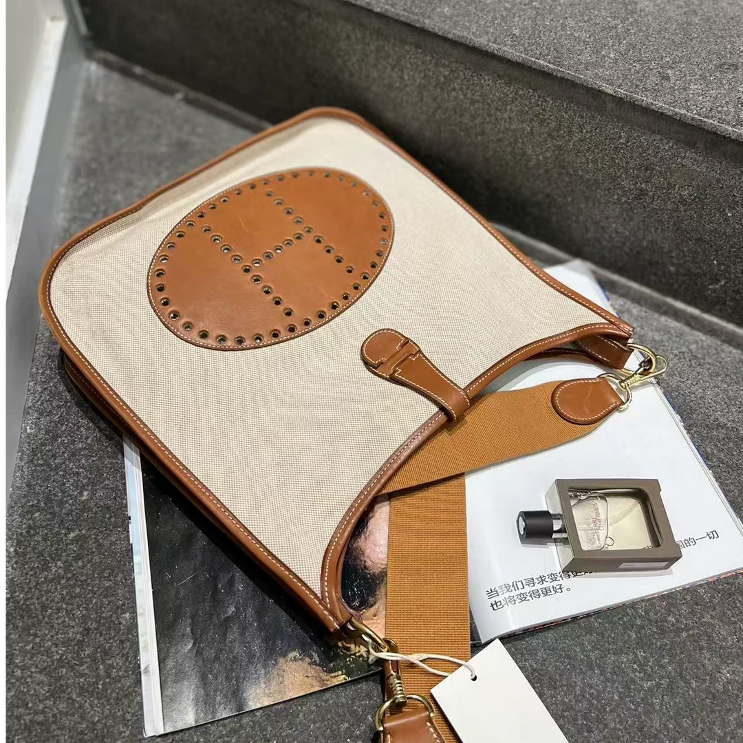 95新 Hermes/爱马仕 伊芙琳金棕帆布拼皮单肩包经典
