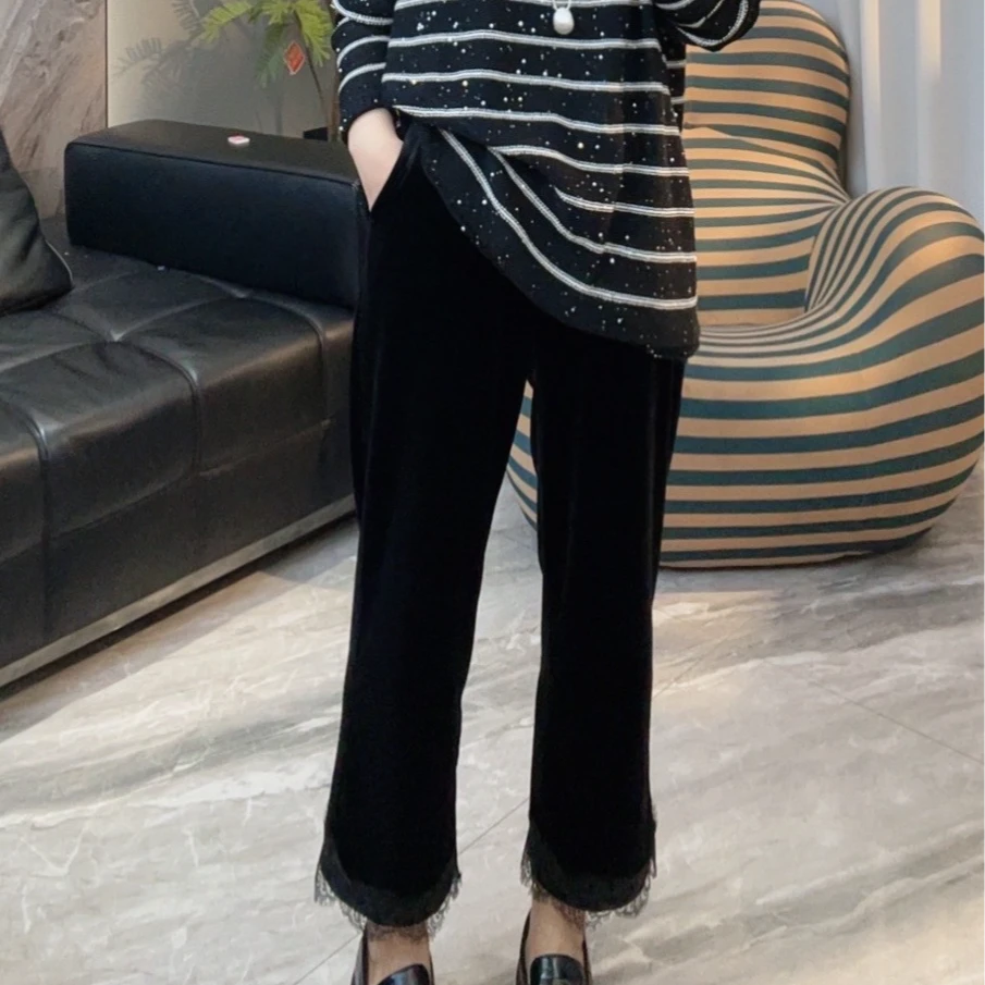 【冲姐】新中式黑色丝绒拼接蕾丝休闲裤气质宽松显瘦百搭垂感烟管裤