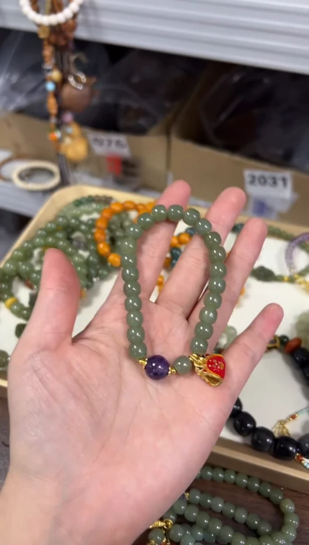 手链未镶嵌和田玉深色和田玉紫水设计款手链[0350]