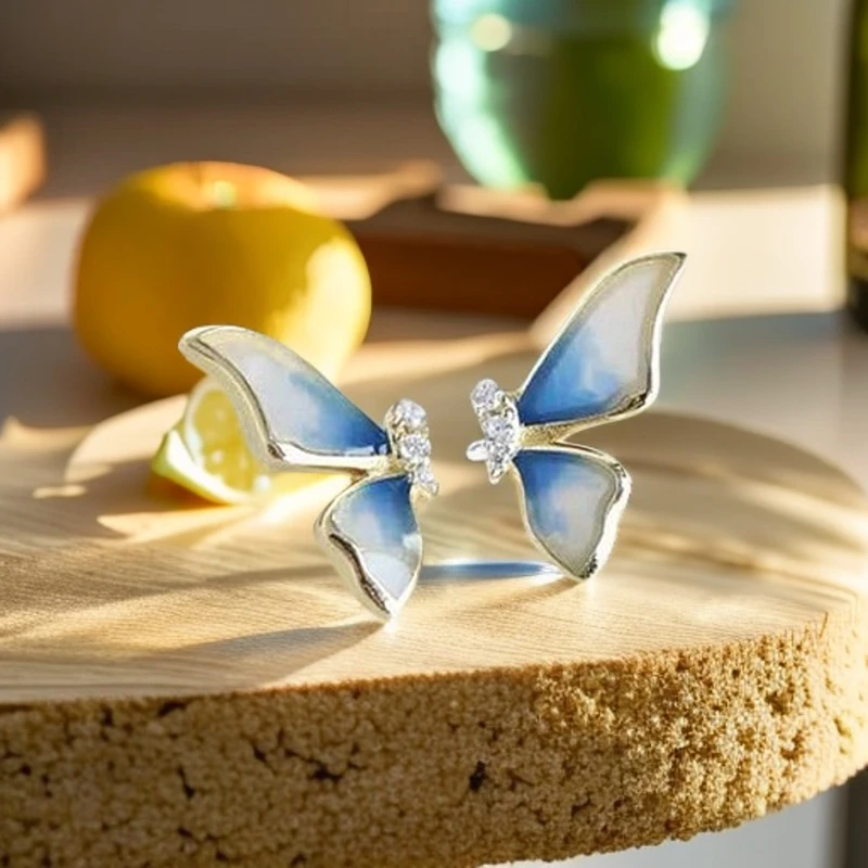 925银珐琅耳饰 珐琅滴胶蝴蝶翅膀耳钉纯银镀金 通透梦幻清新女孩