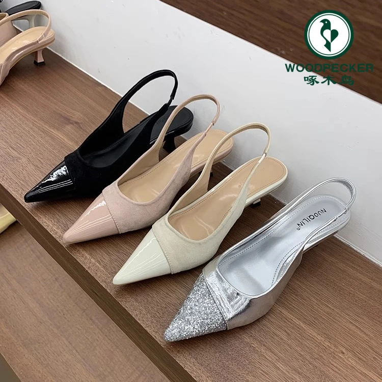 啄木鸟尖头高跟鞋包头凉鞋仙女鞋子2025新款夏季法式气质拼接单鞋