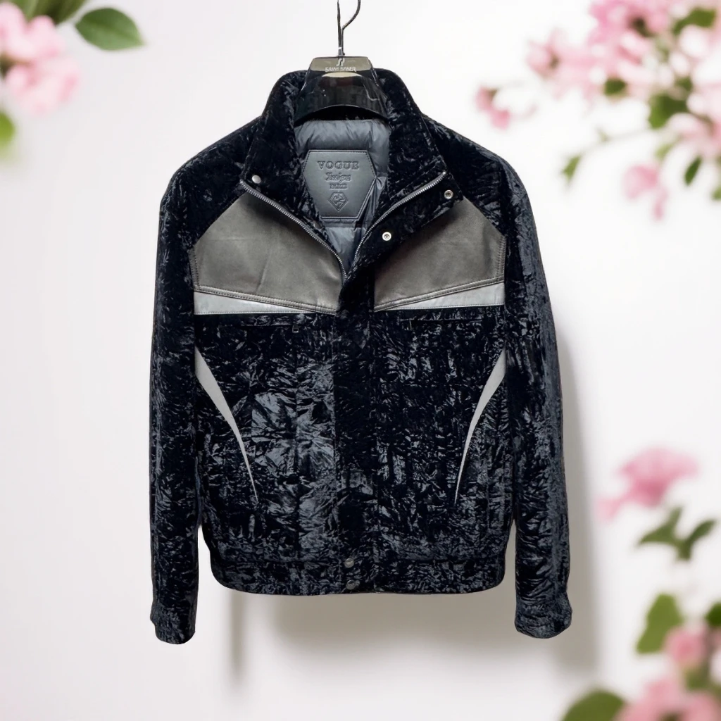 维斯克纳男士立领丝绒拼接羊皮白鸭绒夹克秋冬休闲皮衣羽绒服外套