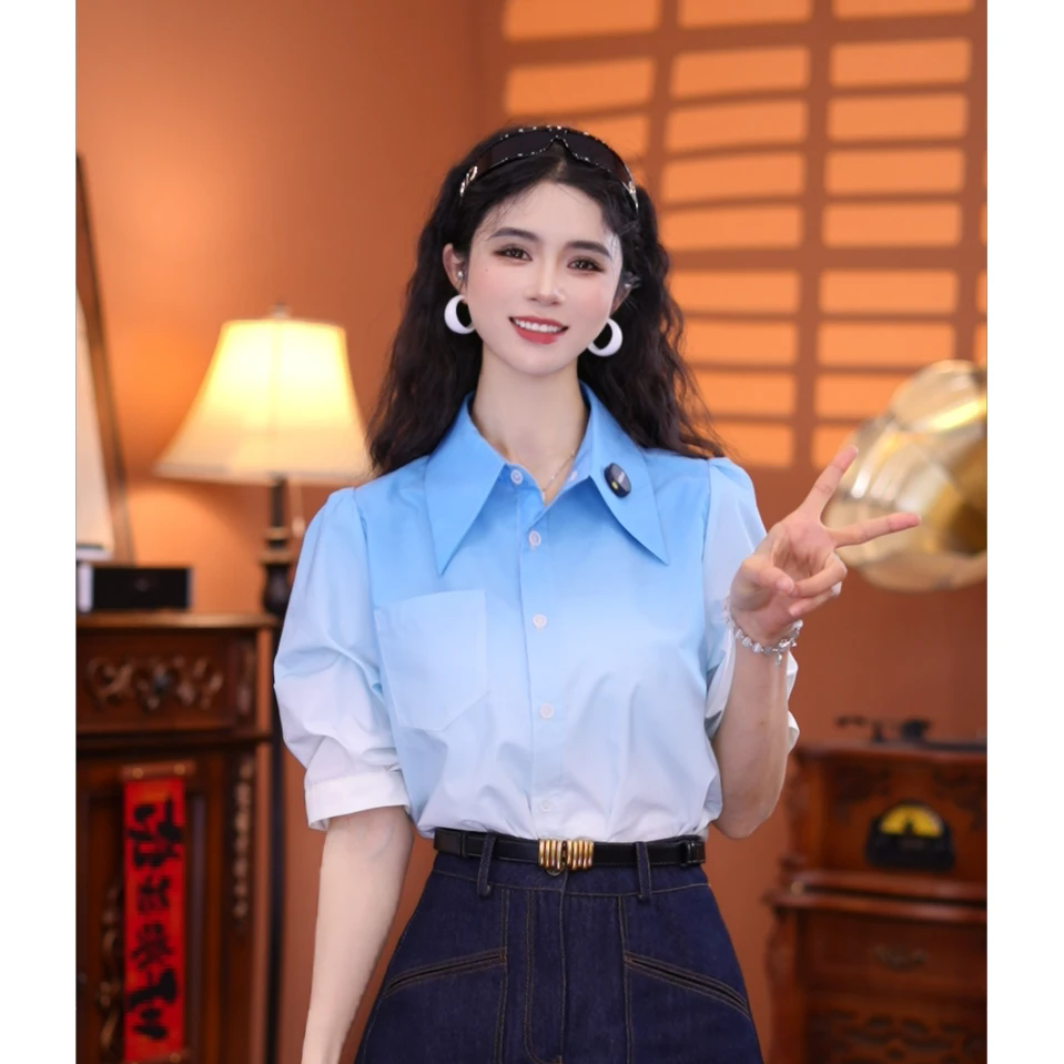 牧子【渐变天空】港味复古时尚气质短袖上衣01833