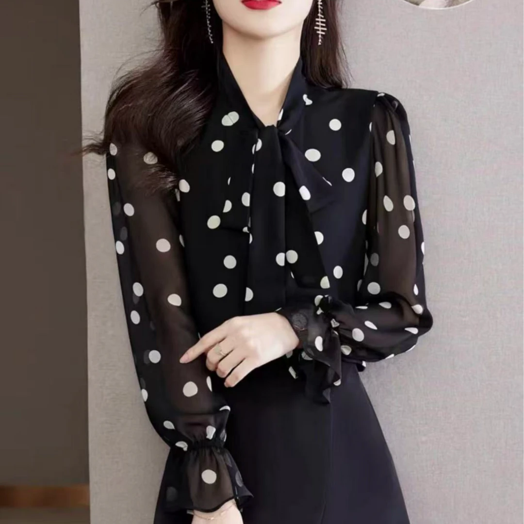 2025春季新款小衫女装别致漂亮蝴蝶结系带洋气独特波点衬衫女上衣