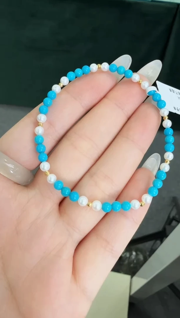 华林福禧 绿松石3mm 珍珠18K金镶嵌手串 F36