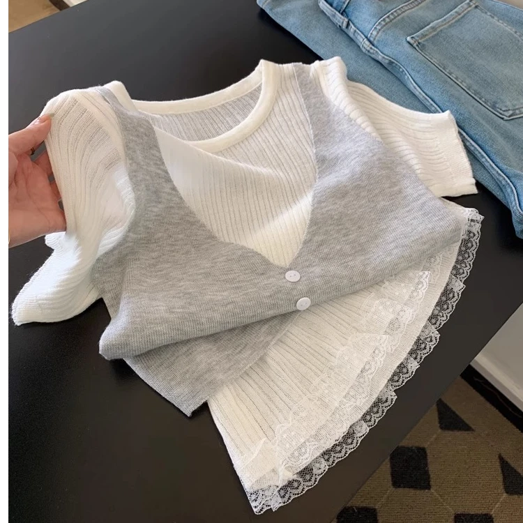下摆蕾丝假两件短袖针织衫女夏季设计感叠穿吊带背心独特漂亮上衣