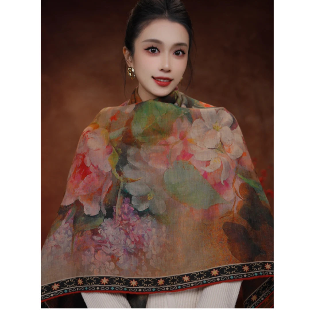 达芬奇密码2025香云纱提花桑蚕丝羊毛披肩围巾秋冬保暖方巾多色选